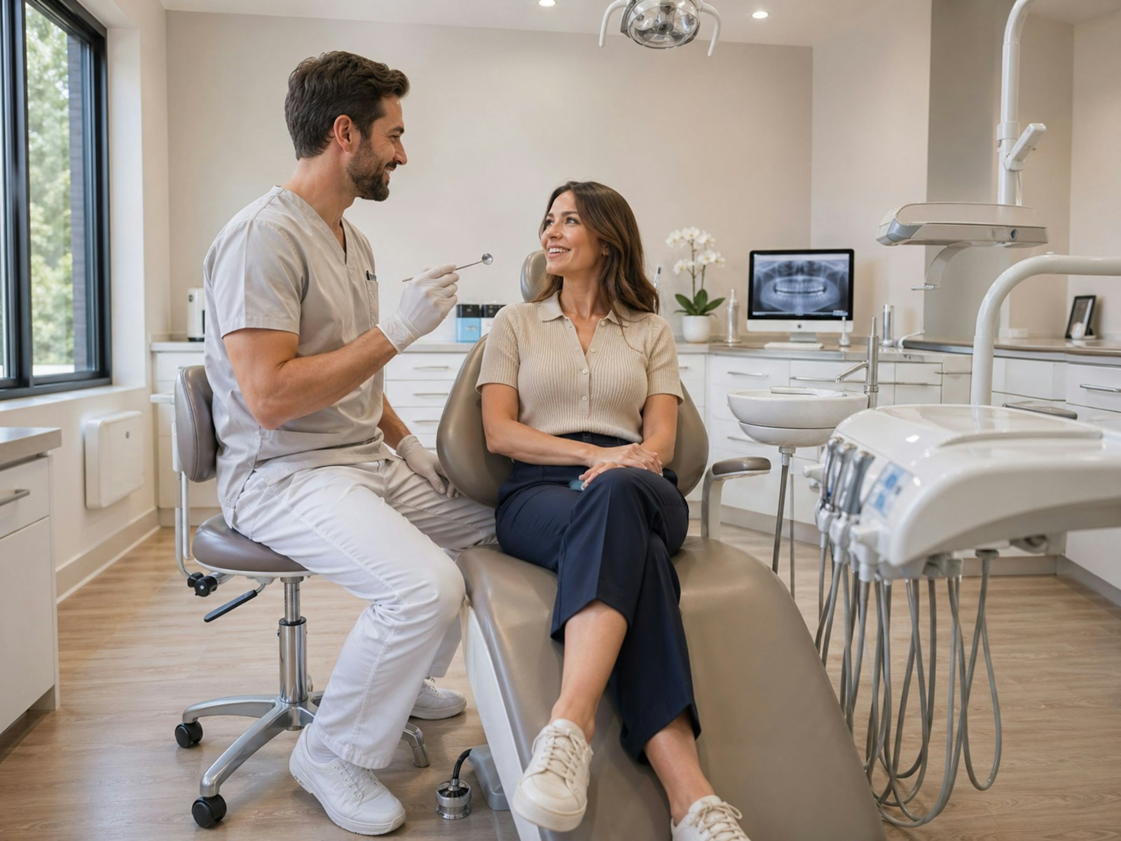 A dentist talking with a patient in a bright UK dental practice
